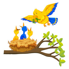 Mother Bird Feeding Baby Birds