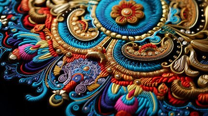 Macro view of a colorful 3d intricately carved embroidered art, mexican traditional style, golden thread