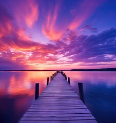a dock at the end of a lake with purple clouds in the sky and blue water below it is an orange sunset