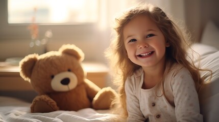 A cute girl playing with a teddy bear. Generative Ai.