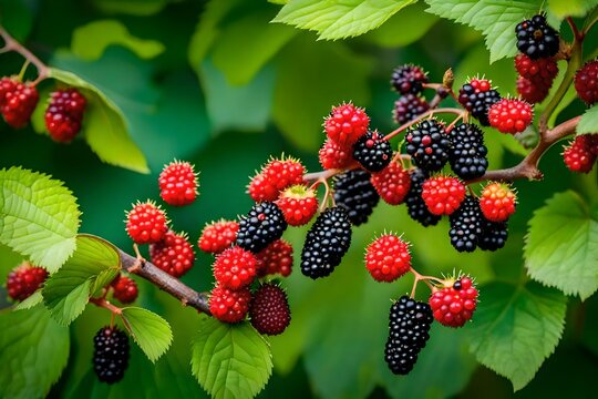 Red and black mulberries on branch