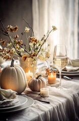 a table setting with candles, pumpkins and flowers in vases on the dining table for thanksgiving dinner party