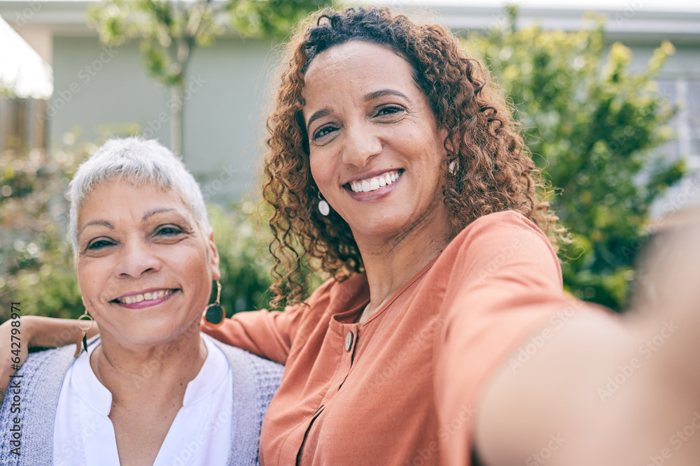 Sticker Portrait, senior mother or happy woman take a selfie in garden as a family to relax on holiday together. Smile, faces or mature mom taking picture or photograph with her excited daughter in home