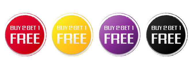 Set of buy 2 get 1 Free tags sale, Design red black, purple, orange, and yellow style, Banner design template for advertising. Special offer promotion or retail. Vector Illustration.