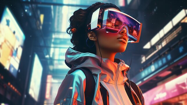 A young woman sporting virtual and enhanced reality glasses. Generative Ai.