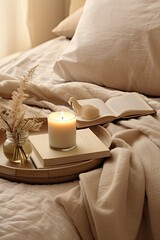 Fototapeta na wymiar an open book on a bed with a lit candle and some flowers in the middle, next to it is a cup of tea
