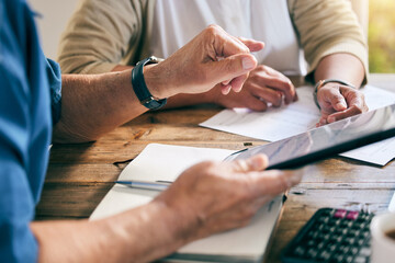 Closeup, hands and couple with a tablet for planning, mortgage payment or home budget. Debt,...