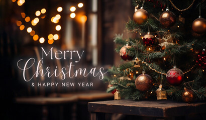 Merry Christmas and Happy New Year wishes with Christmas decorations background. Season's greetings.