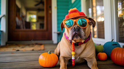 a dog wearing goggles with pumpkins on the front porch for halloween, as part of an article about pet safety