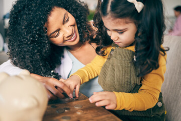 Money, piggy bank and mother with girl counting coins together for learning, development and knowledge. Finance, family and mom and daughter with cash for financial savings, planning and investment