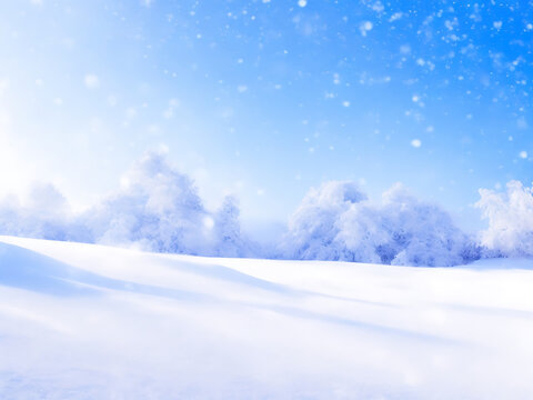 Winter snow background with snowdrifts, bokeh circles, and snowflakes on blue sky. Banner format with copy space