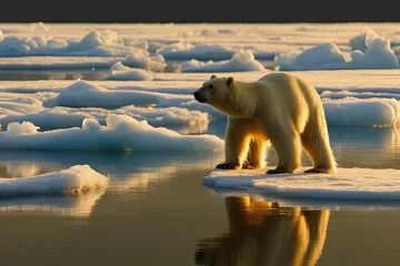 Keuken spatwand met foto a polar bear standing on ice floes in the arctic ocean, looking for food and water to eat © Golib Tolibov