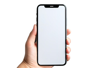 Hand holding the Phone with a mockup white blank screen isolated PNG