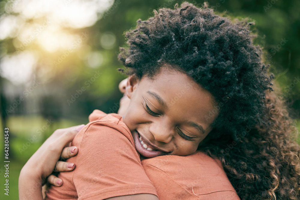 Sticker Happy, hug and mother with child in park for relax, bonding and love. Care, support and smile with woman and young boy embrace in nature for black family, summer vacation and happiness together