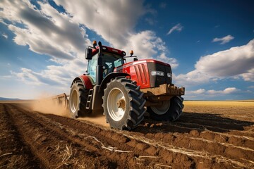 Obraz premium The tractor drills grain at the field. agricultural activities