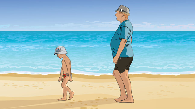 parent and child on the beach, couple walking on the beach, parent and child, grandpa with child, grandpa, child, kid, beach, sea, blue sky, children book, kids book, illustration, isolated, walking, 