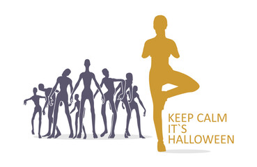 A girl standing on one leg is engaged in yoga. Happy relaxed female character performing meditation exercise. Group of walking scary monsters. Keep calm concept