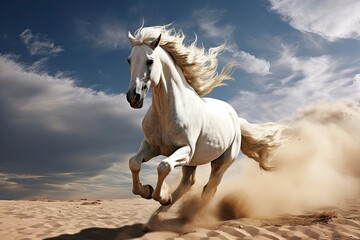 Obraz na płótnie Canvas A majestic white horse galloping freely on a sunlit beach created with Generative AI technology