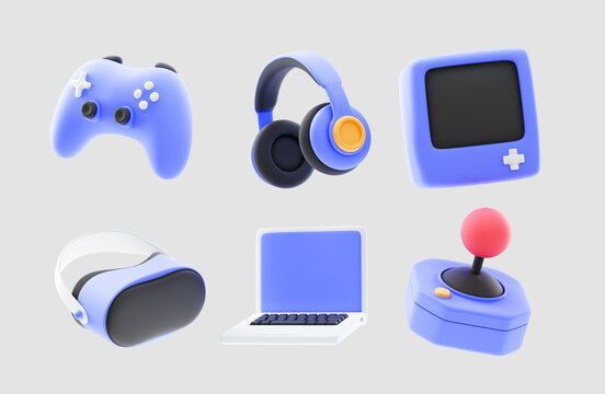gaming gadgets 3d icon set. Video game console, gamepad, VR headset on isolated background. 3d rendering