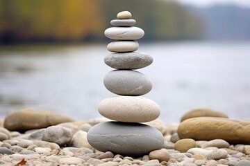 Fototapeta na wymiar A balanced stack of zen rocks on a rugged beach created with Generative AI technology