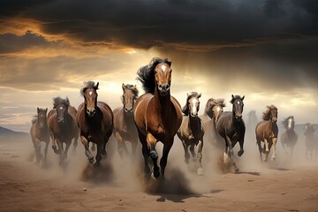 A dynamic herd of horses galloping across an open field created with Generative AI technology