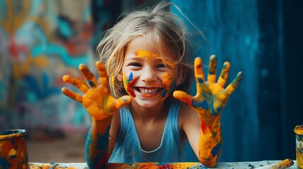 funny child girl draws laughing shows hands dirty with paint, concept joy of life - obrazy, fototapety, plakaty