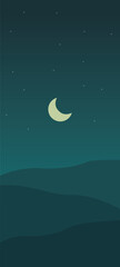 Night landscape with moon mountains and stars minimalist mobile wallpaper vector design
