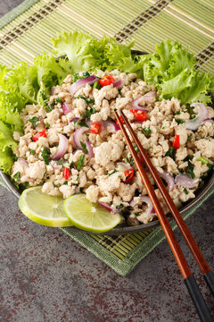 Laab gai or larb gai, spicy minced chicken breast salad, the healthy food served with fresh greens closeup on the plate on the table. Vertical