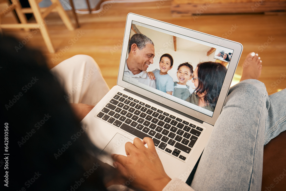 Wall mural Video call, laptop screen and relax with face of family for communication, contact or connection. Happy, virtual and technology with senior people and children at home for website, online and chat