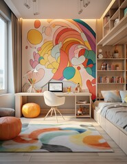 a kids's room with colorful artwork on the wall and white furniture, including a small desk in front
