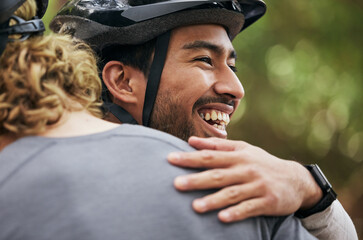 Hug, smile and cycling with friends in nature for fitness, health and partnership. Teamwork, motivation and sports adventure with men training in forest for wellness, workout and freedom together