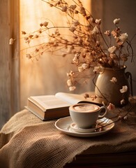 a cup of coffee and an open book on a table in front of a window with sunlight streaming through the glass