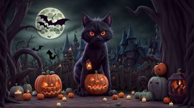Halloween scene, eerie atmosphere, full moon, jack o'lantern, menacing witch, spiders, bats, black cats, corn stalks, wheat stalks, candy basket, enchanting colors, mystical aura, autumnal charm.