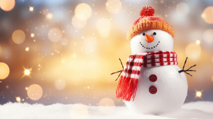Christmas holiday banner of funny smiling snowman with wool hat and scarf