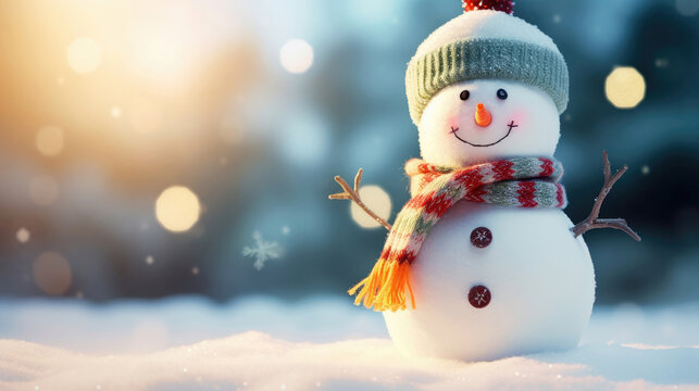 Christmas holiday banner of funny smiling snowman with wool hat and scarf