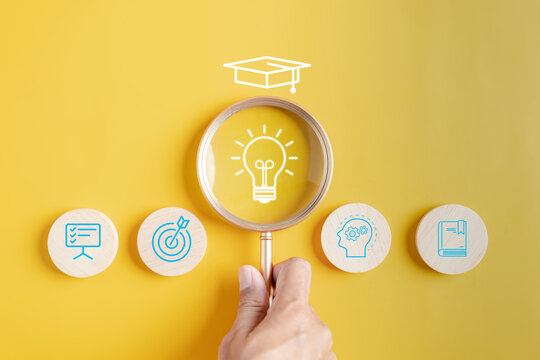 Focus to Light Bulb with learning education and graduation concept. study knowledge to creative thinking idea and problem solving solution, E-learning online education course degree certificate
