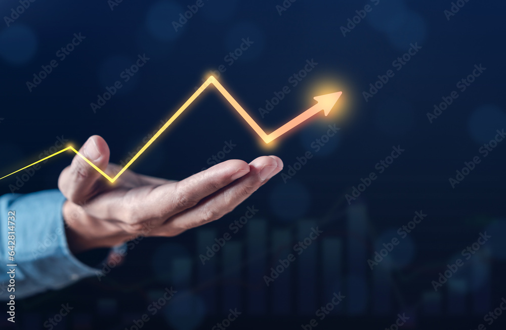 Poster business chart arrow glowing on stock market analysis data and trading statistic value economic on h