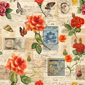 Arrange vintage postcard images and stamps in a collage style seamless pattern for nostalgic, eclectic look. seamless pattern with postage stamps  in retro style