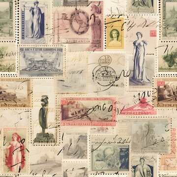 Arrange vintage postcard images and stamps in a collage style seamless pattern for nostalgic, eclectic look. seamless pattern with postage stamps  in retro style