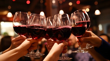 ワインでの乾杯、パーティーでのワイングラスと手のアップ	
