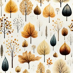 A seamless pattern capturing the tranquil essence of a fall forest with soft tones and various types of leaves neatly aligned on paper white background. Illustration, Generative AI