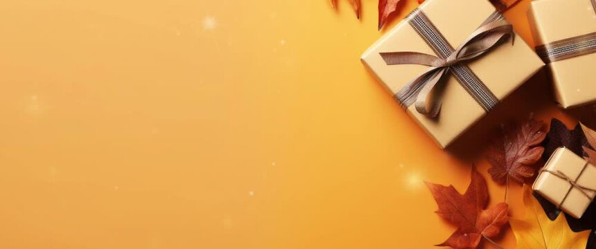 Anamorphic video autumn composition. Gift boxes, autumn leaves and spices on a orange background.