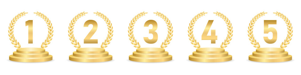 Set of Golden Number Award on Podium Stage. Number Ranking 1 2 3 4 5. Vector Illustration Isolated on White Background. 