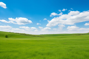 Sky and grass background, fresh green fields under the blue sky in spring