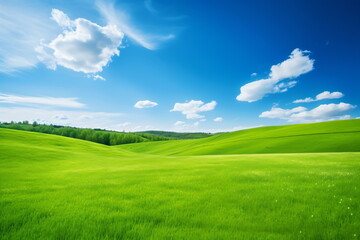 Sky and grass background, fresh green fields under the blue sky in spring - obrazy, fototapety, plakaty