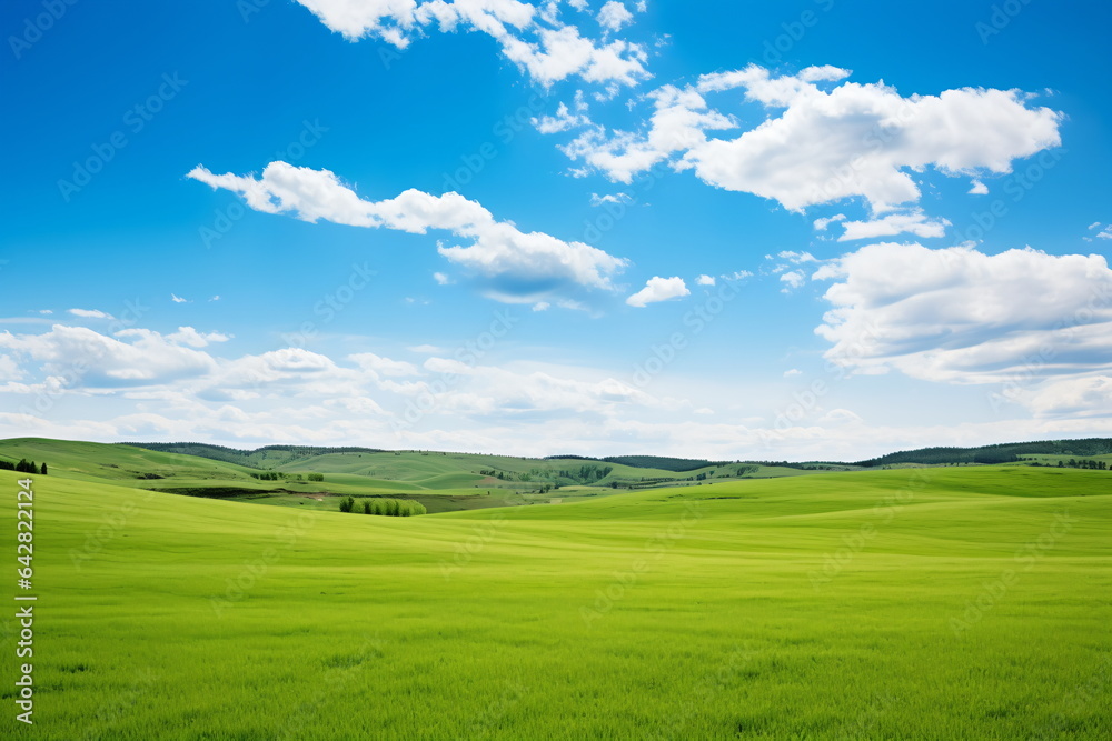 Sticker Sky and grass background, fresh green fields under the blue sky in spring