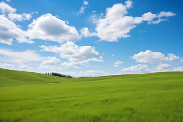 Sky and grass background, fresh green fields under the blue sky in spring