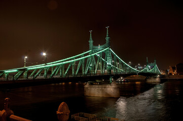 Obraz premium Freedom Bridge in Budapest, Hungary. Old green steel bridge over Danube river illuminated at night.