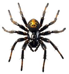Black spider with a yellow pattern on the body close-up top view. Isolated on a transparent background.