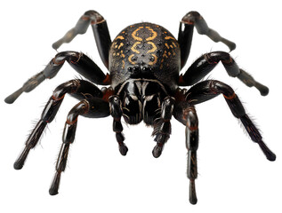 Large black spider with an orange pattern on the body. Spider closeup front view. Isolated on a transparent background.
